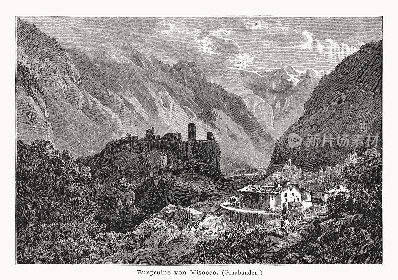 Mesocco城堡的历史观，graub<e:1>恩登，瑞士，木版雕刻，1877年出版
